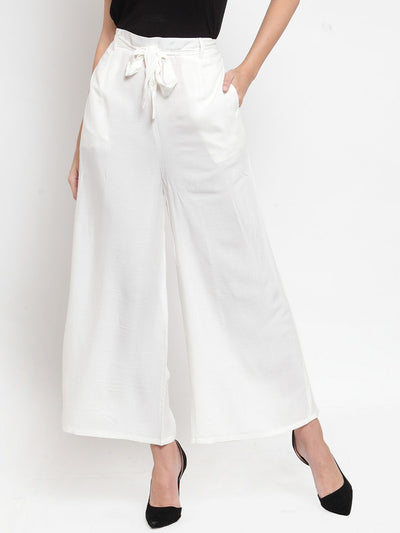 White wide leg solid palazzo with tie knot design, perfect for a casual classy look.