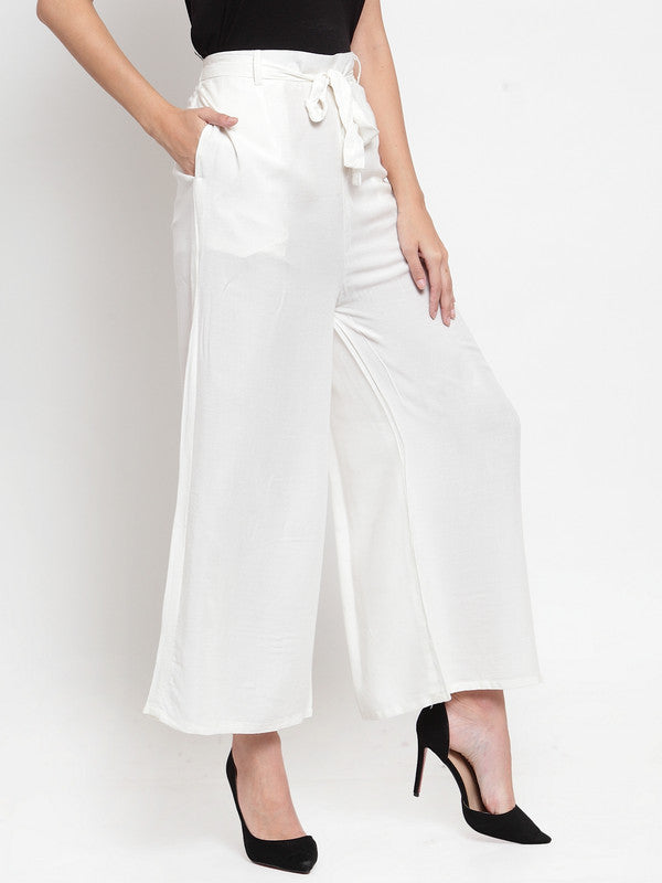 White wide leg solid palazzo with tie knot design for casual wear.