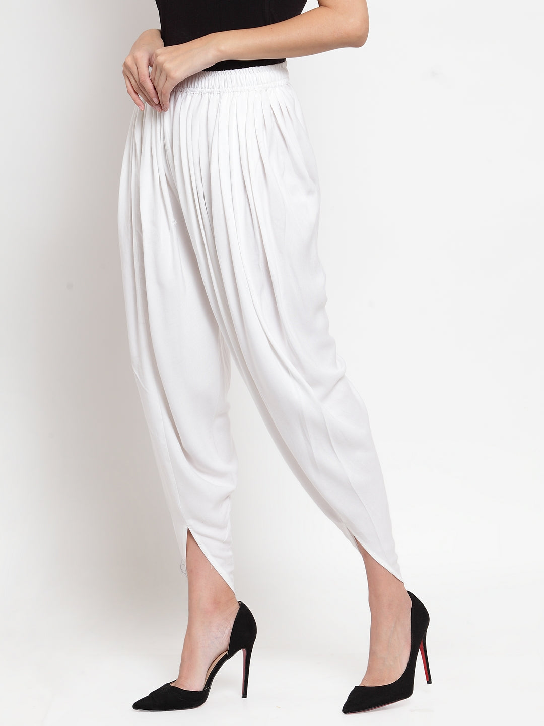 White Rayon Dhoti Salwar with elasticated waistband and solid pattern.