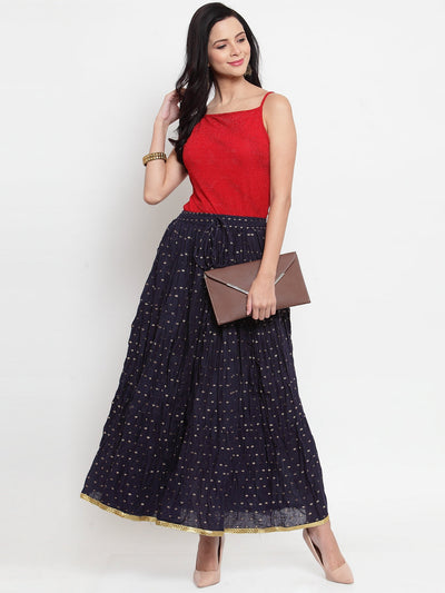 Navy Blue Bandhani Maxi Skirt with gold zari pattern and flared design.