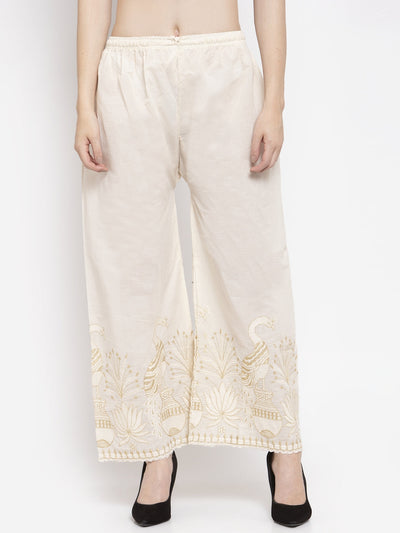 Clora Off-White Embroidered Cotton Palazzo