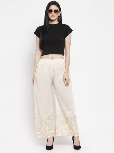 Clora Off-White Embroidered Cotton Palazzo