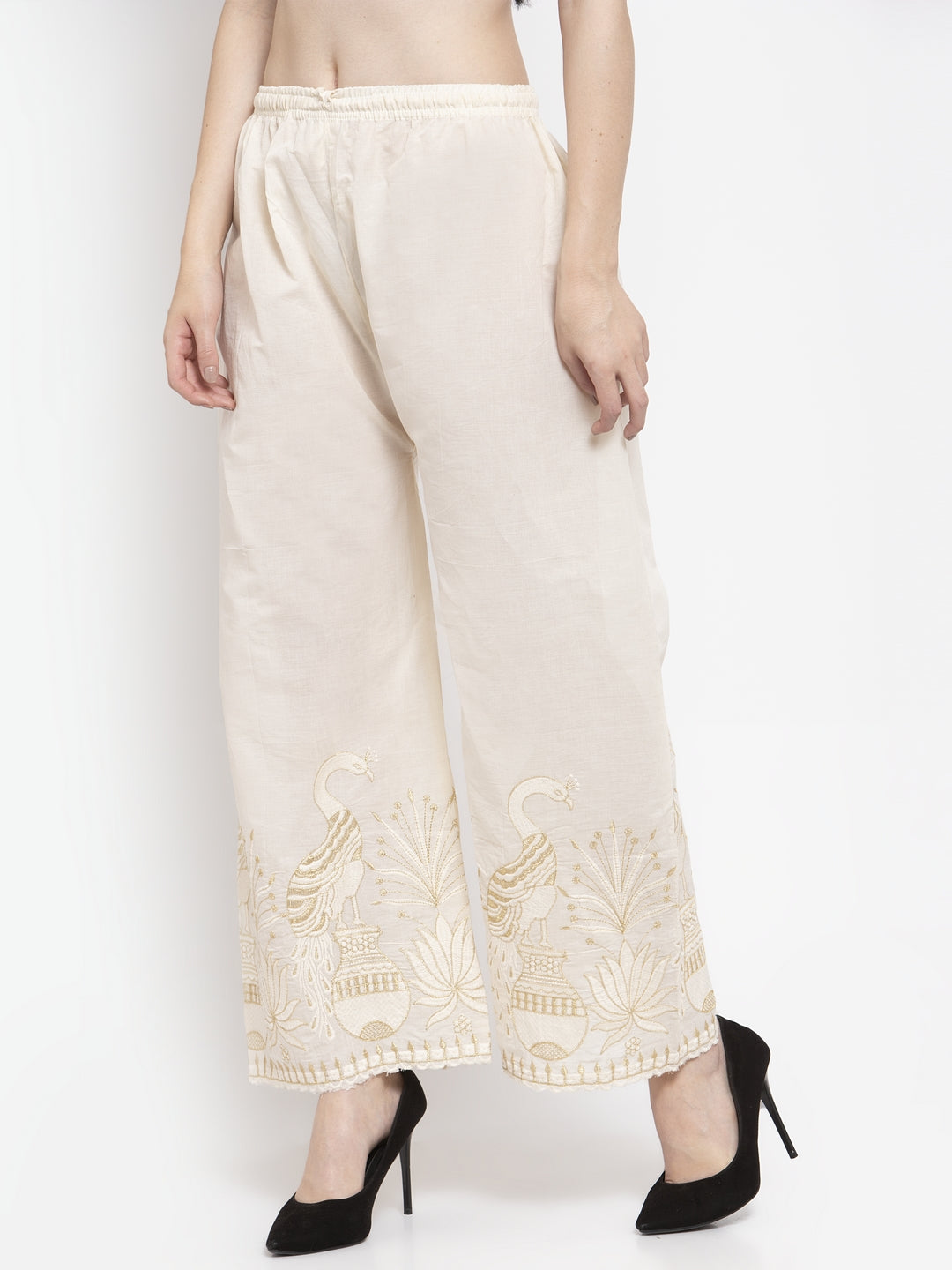 Clora Off-White Embroidered Cotton Palazzo