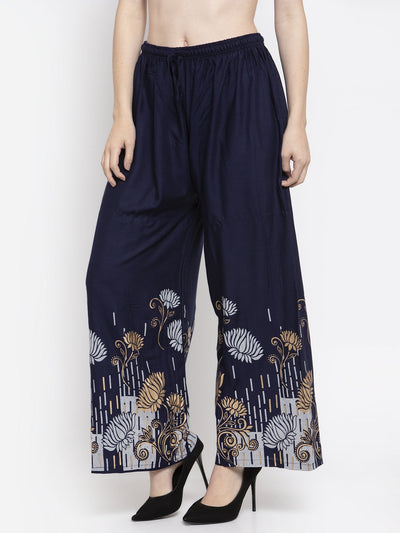 Navy blue printed rayon palazzo with elasticated waistband and drawstring.