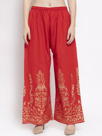 Red straight printed rayon palazzo with elastic waistband.