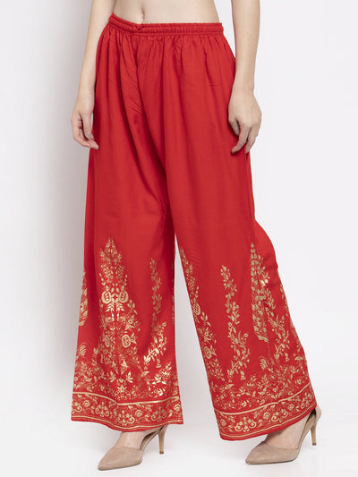 Red straight printed rayon palazzo with elastic waistband.