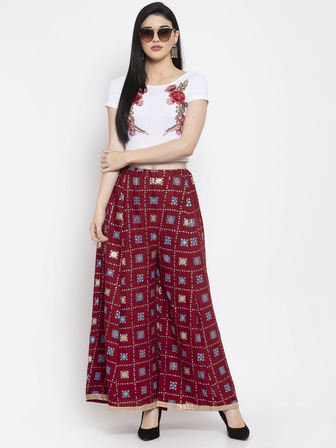 Maroon printed rayon sharara with elasticated waistband for elegant look.