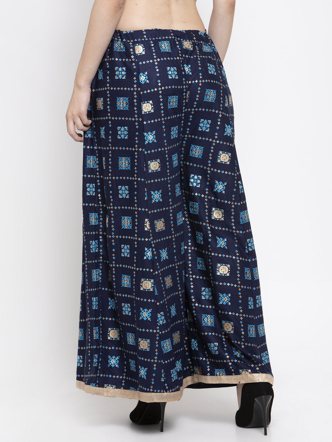 Navy blue rayon printed sharara with elasticated waistband.