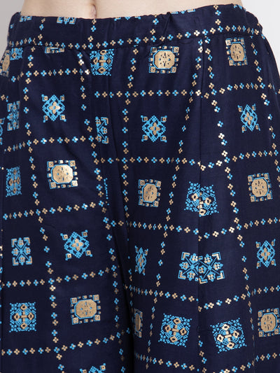 Navy blue rayon printed sharara with elasticated waistband and geometric patterns.