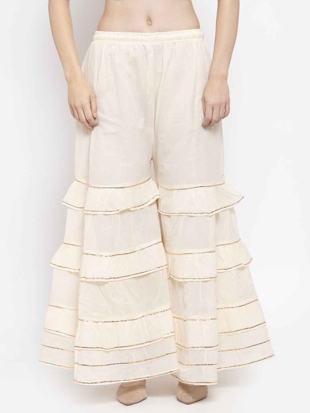 Off-White frill Gotta Patti Gharara with elasticated waistband and drawstring.