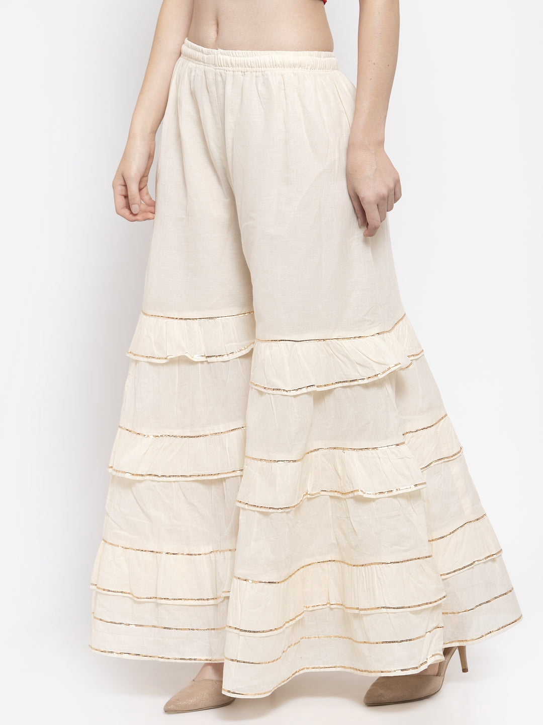 Off-White Frill Gotta Patti Gharara with elasticated waistband and drawstring.