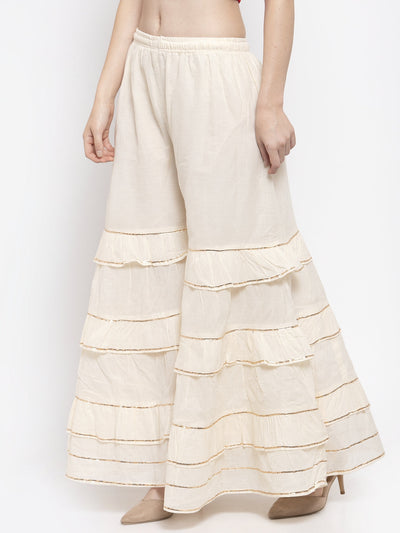 Off-White Frill Gotta Patti Gharara with elasticated waistband and drawstring.