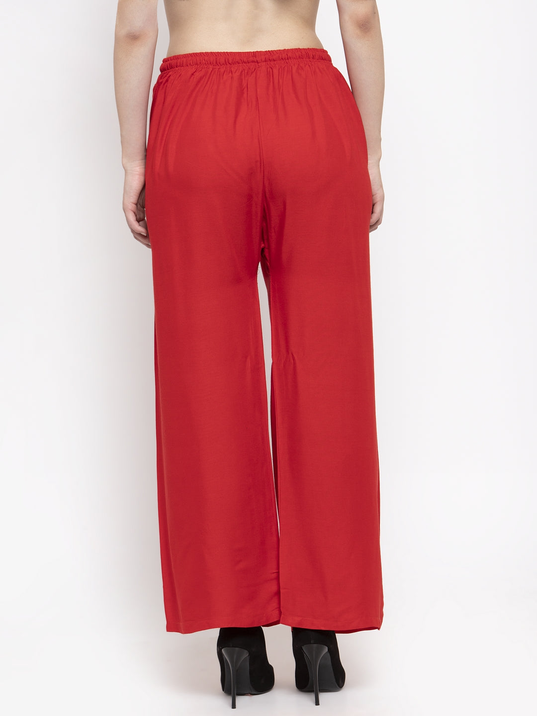 Red solid rayon palazzo with elasticated waistband for a comfortable fit.