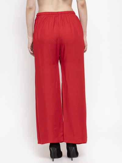 Red solid rayon palazzo with elasticated waistband for a comfortable fit.