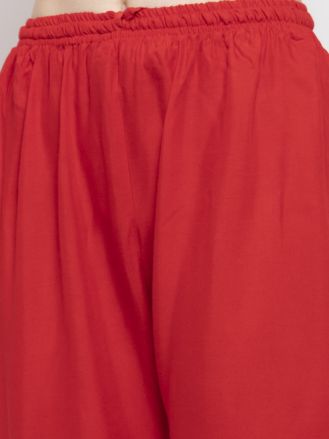 Red solid rayon palazzo with elasticated waistband for a comfortable fit.