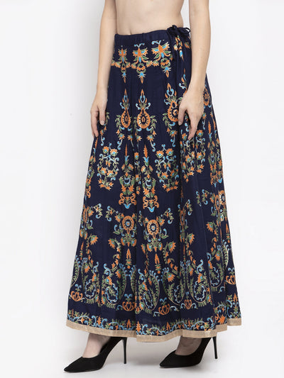 Navy blue printed flared rayon maxi skirt for women.