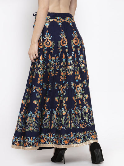 Navy Blue Printed Flared Rayon Maxi Skirt for women with floral pattern.