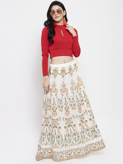 Clora Off-White Printed Flared Rayon Maxi Skirt