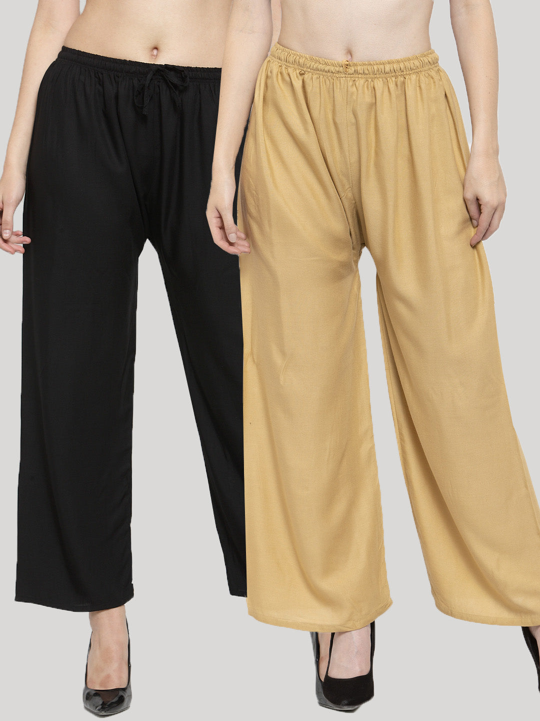 Solid Black and Fawn Rayon Palazzo Pants Combo by Clora Creation.