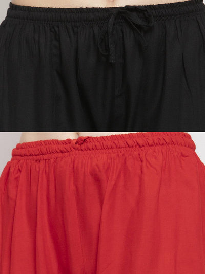 Solid black and red rayon palazzo pack with elasticated waistband and drawstring.