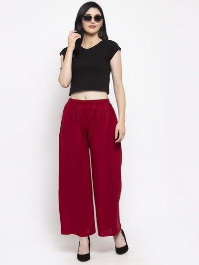 Solid black and maroon rayon palazzo with elasticated waistband and drawstring.