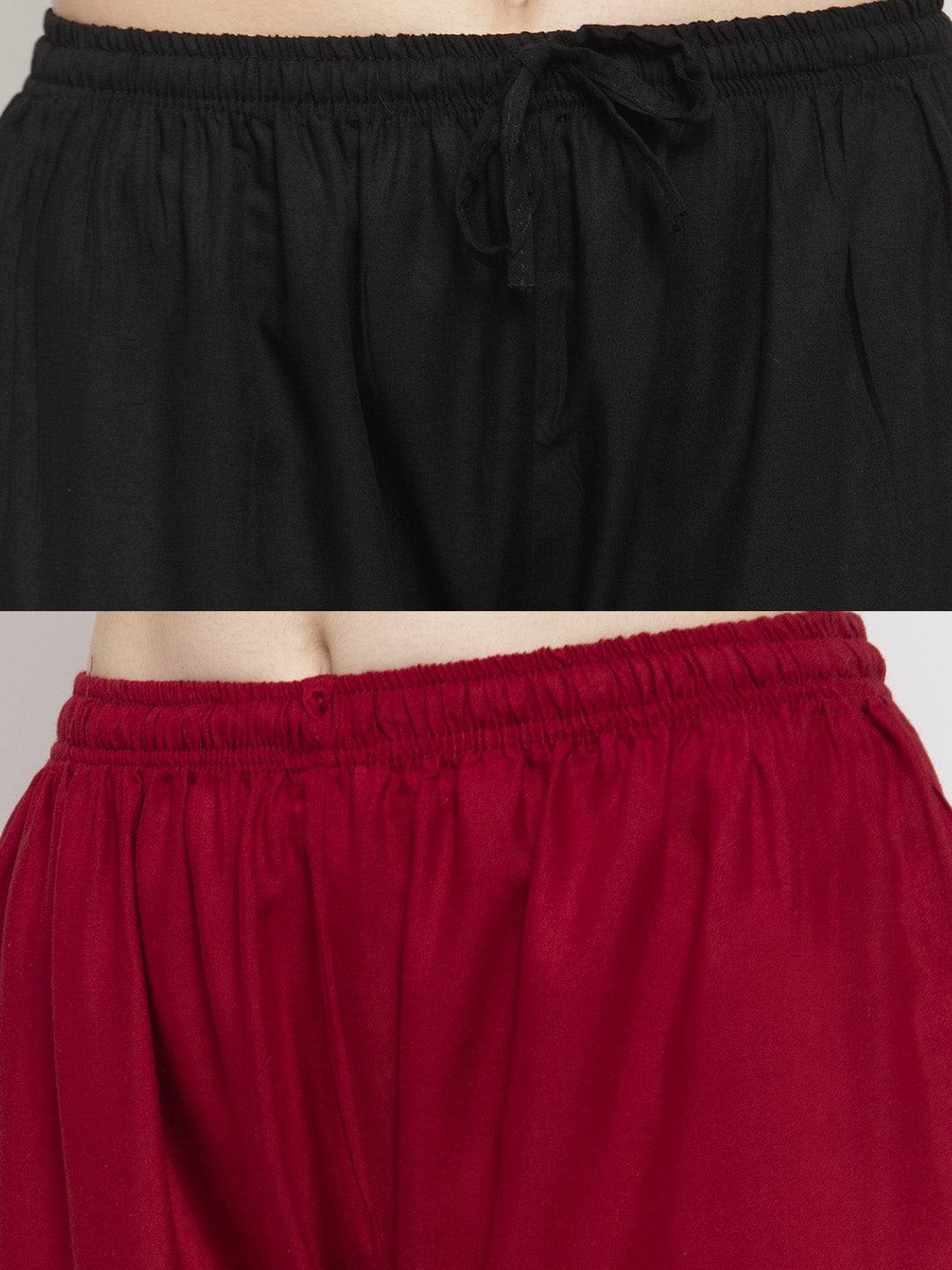 Solid black and maroon rayon palazzo with elasticated waistband and drawstring.