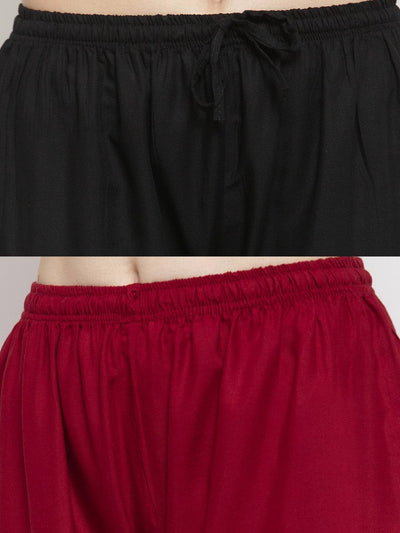 Solid black and maroon rayon palazzo with elasticated waistband and drawstring.