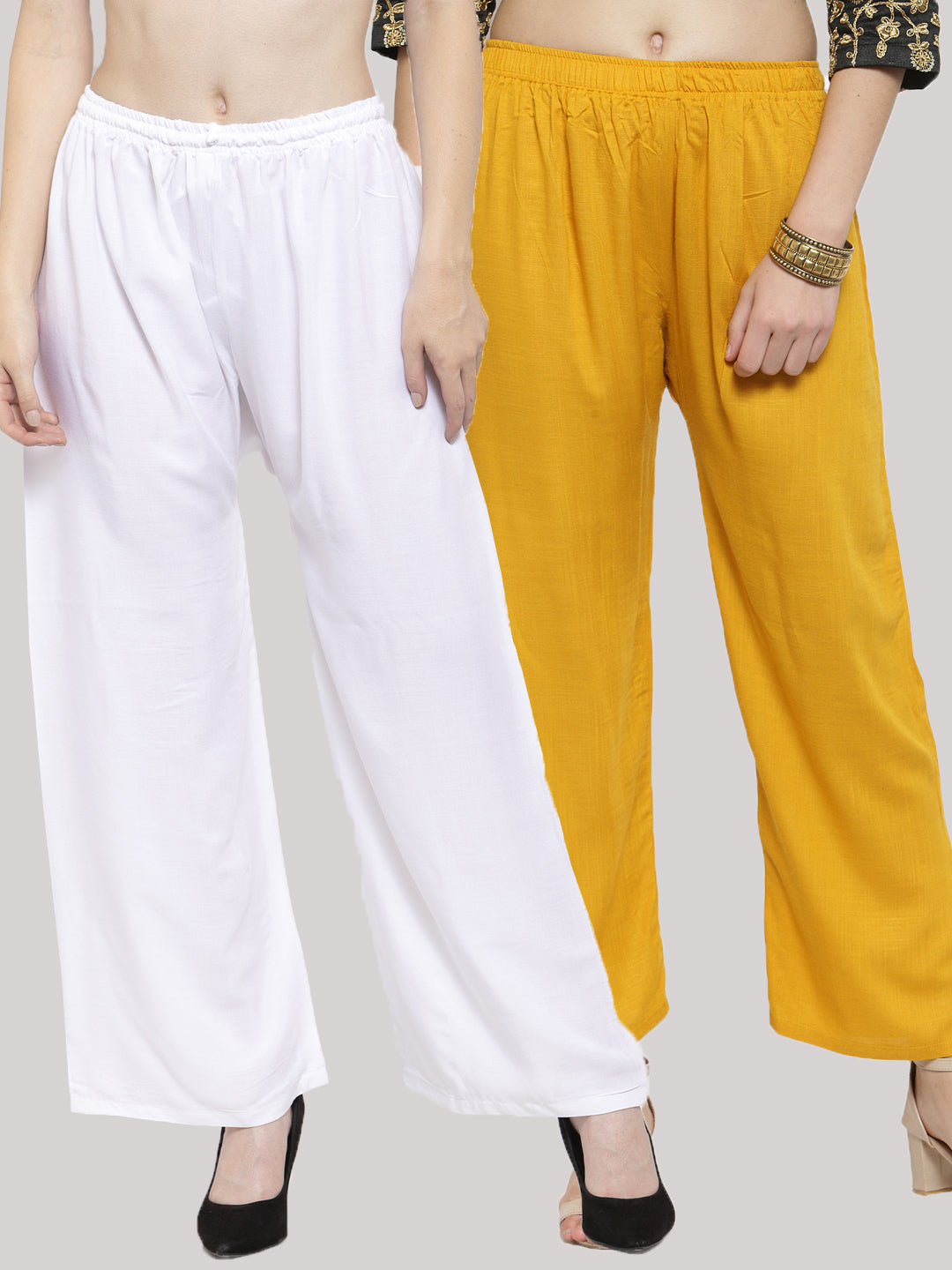 Solid white and mustard rayon palazzo pack for fashion-forward women.