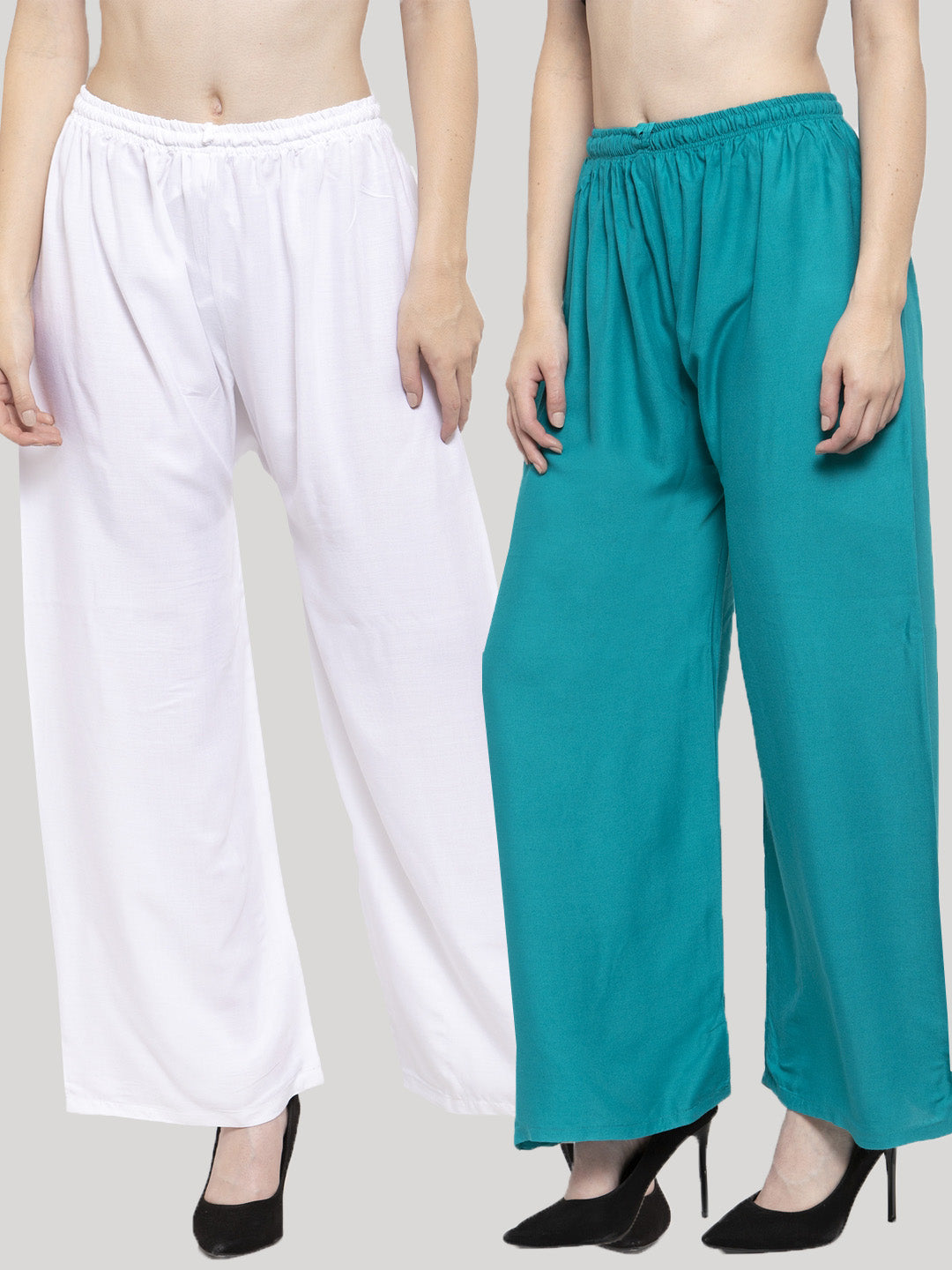 Solid white and turquoise rayon palazzo pants pack of 2 by Clora Creation.