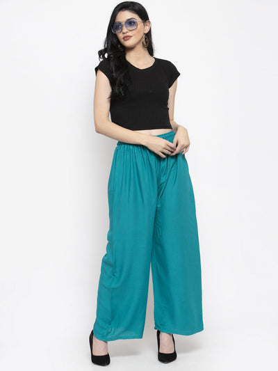 Solid white and turquoise rayon palazzo pants pack of 2 by Clora Creation.