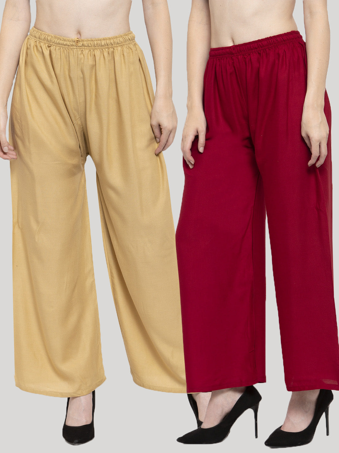 Solid fawn and maroon rayon palazzo pants pack of two for fashion-forward women.