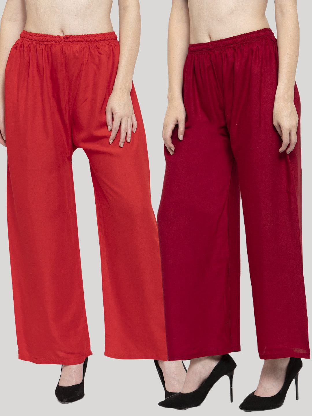 Solid red and maroon rayon palazzo pants pack of 2 with elasticated waistband and drawstring.