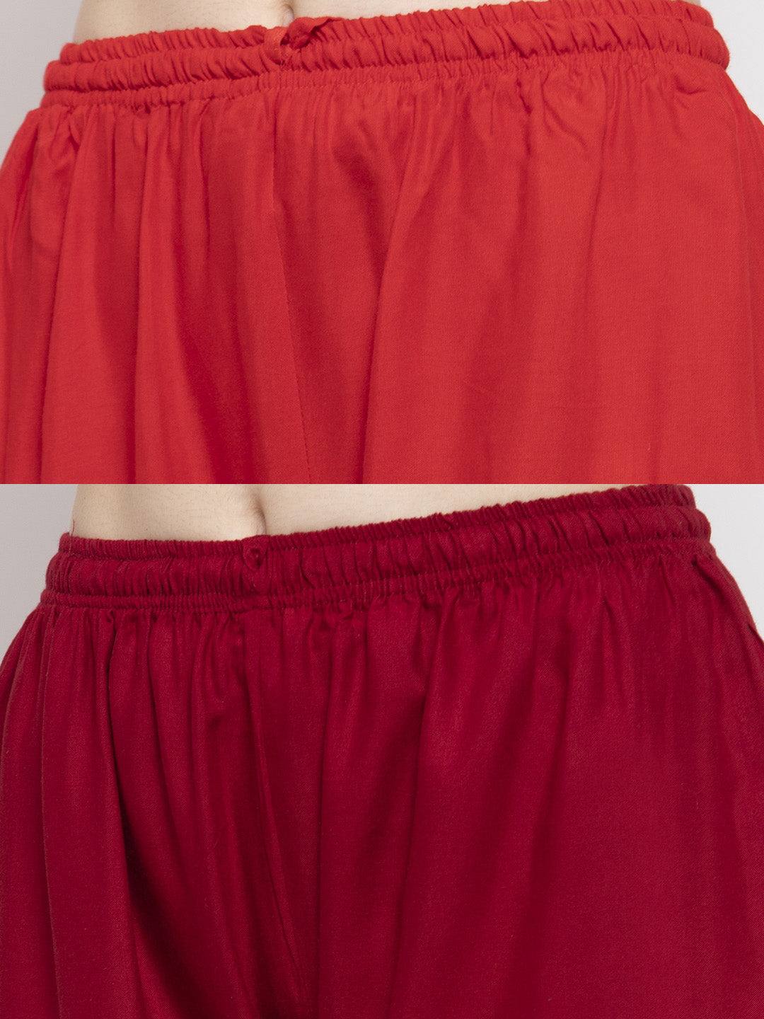 Solid red and maroon rayon palazzo pack of two with elastic waistband and drawstring.