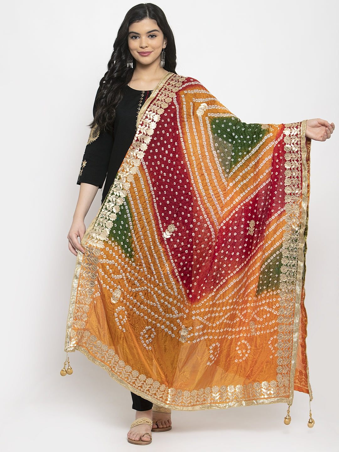 Multicoloured Bandhani Gotta Patti silk dupatta with ethnic design.