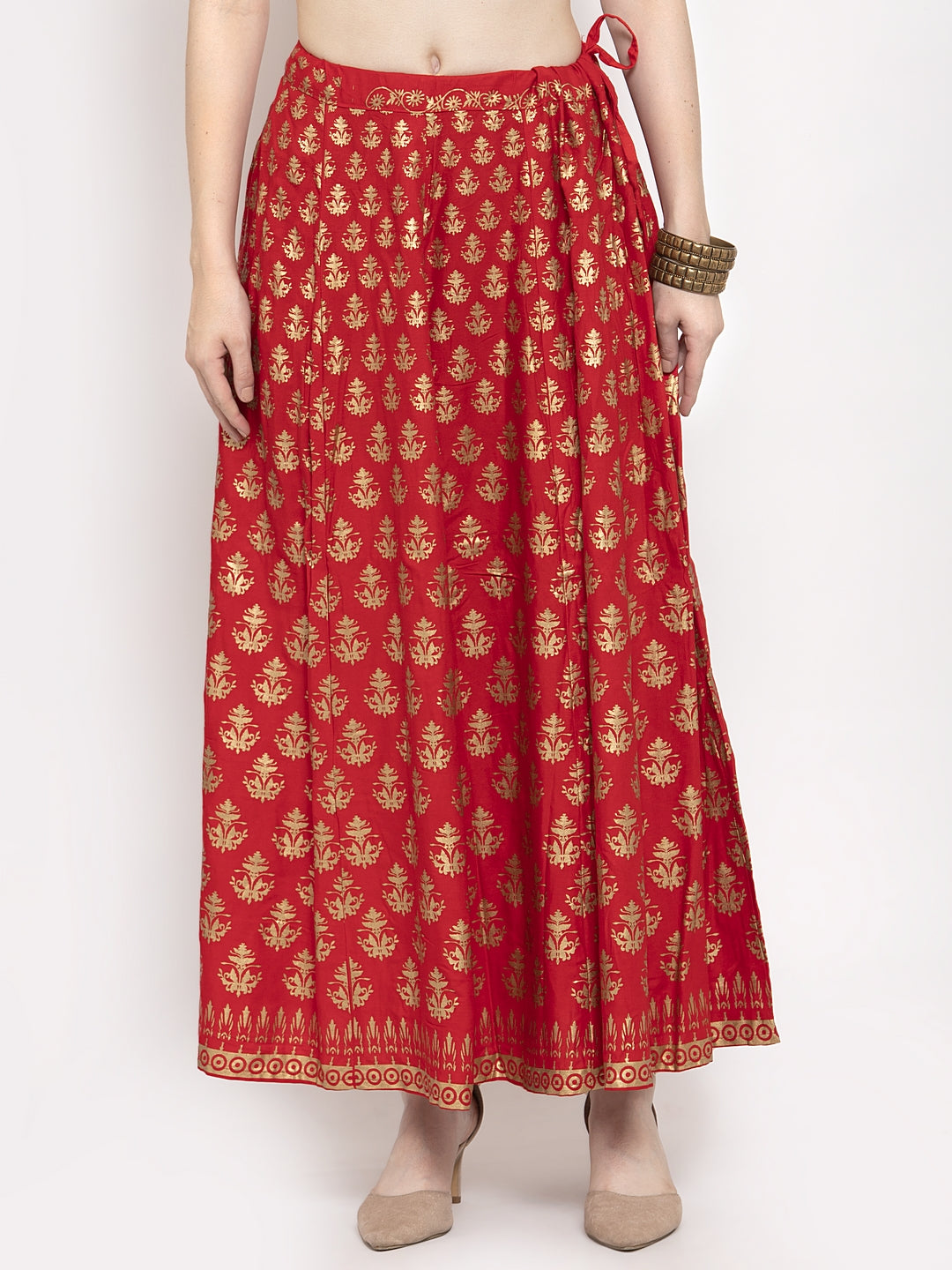 Red floral printed rayon skirt for women