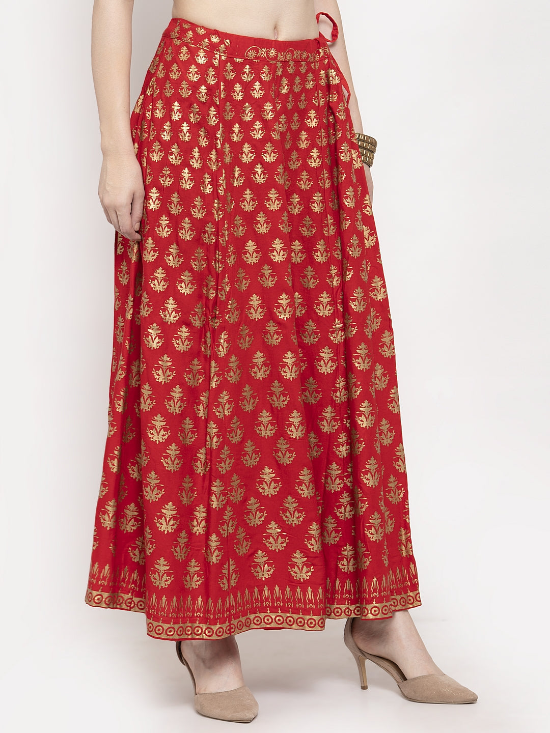 Red floral printed rayon skirt for women, comfortable and stylish maxi design.