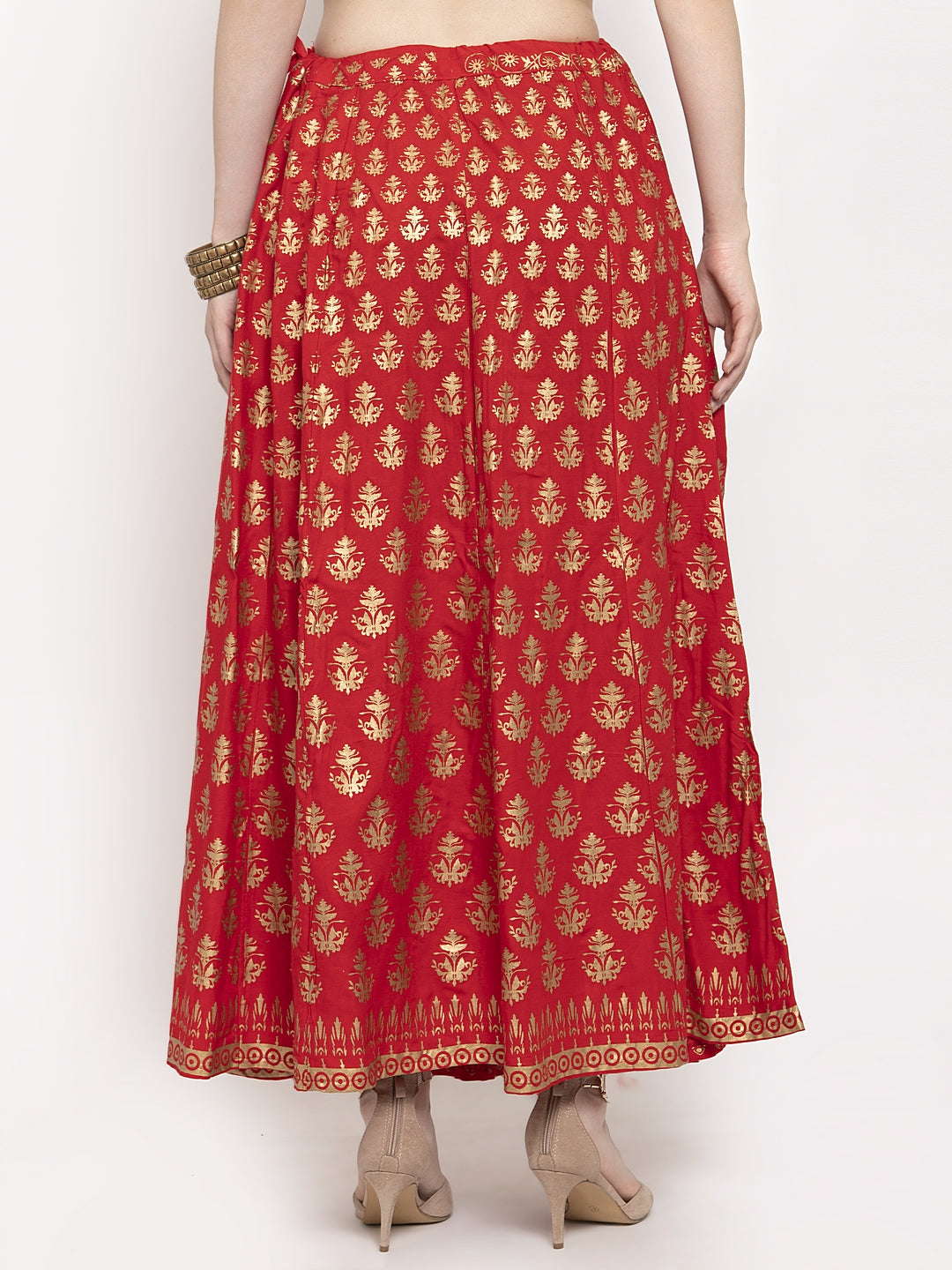 Red floral printed rayon skirt for women, featuring a maxi length and comfortable design.