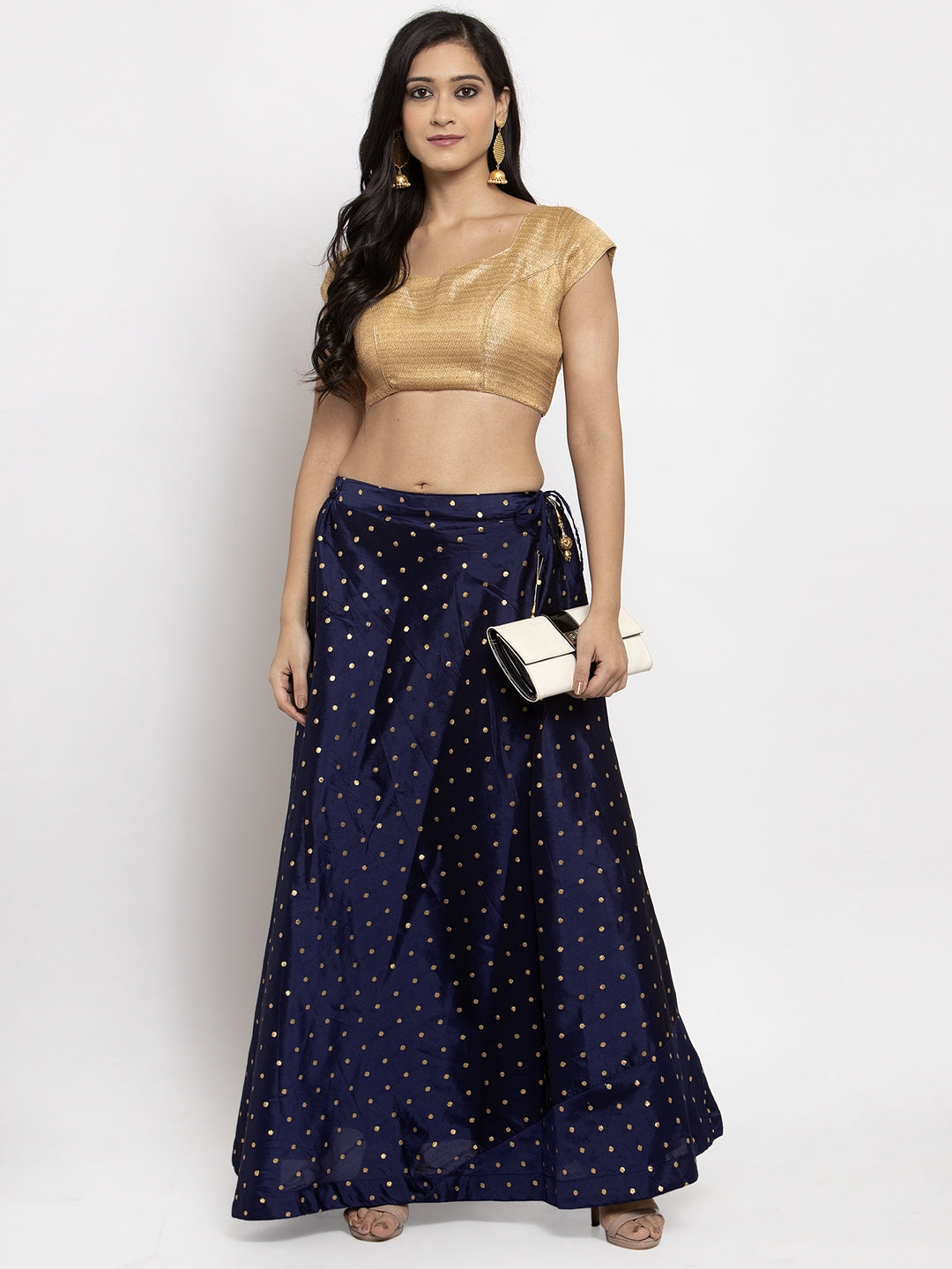 Navy Blue & Gold-Coloured Self-Design Flared Maxi Skirt