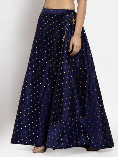 Navy Blue & Gold-Coloured Self-Design Flared Maxi Skirt