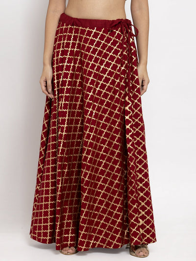 Maroon printed rayon skirt with elasticated waistband and drawstring.