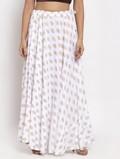 White printed rayon skirt with elasticated waistband and drawstring.