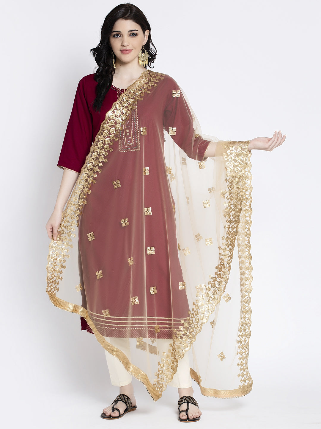 Clora Golden Heavy Mirror Work Net Dupatta