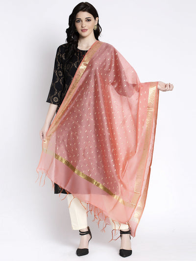 Peach printed silk dupatta with gold border from Clora Creation.