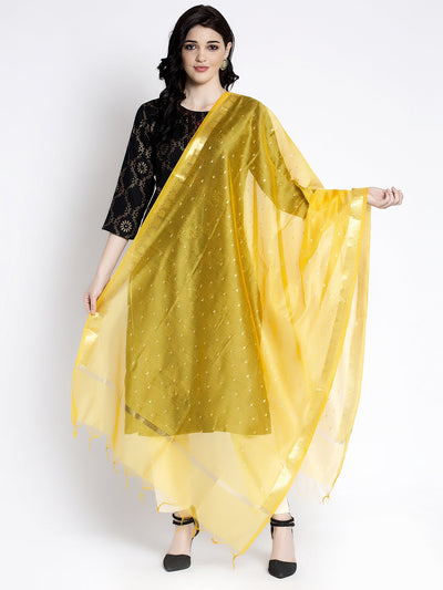 Yellow printed silk dupatta styled with ethnic outfit for elegance.