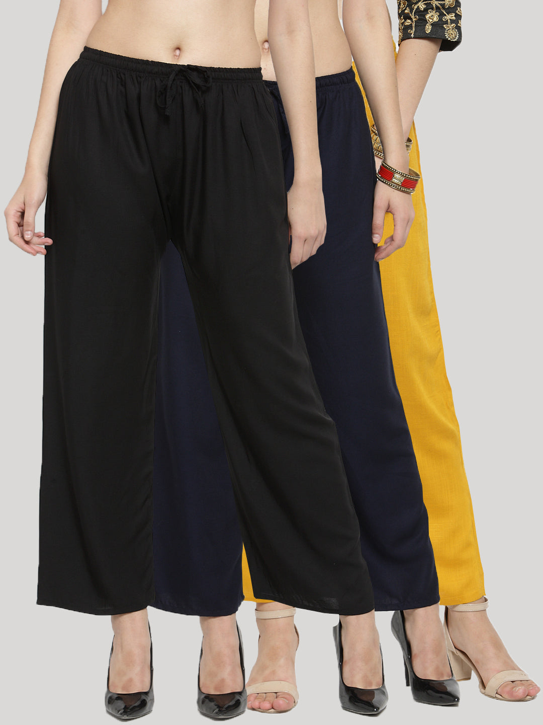 Solid Black, Navy Blue & Mustard Rayon Palazzo Pack of 3 with Elasticated Waistband and Drawstring Closure.