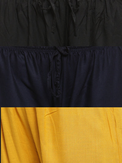 Solid Black, Navy Blue, and Mustard Rayon Palazzo Pack of 3 with Elastic Waistband.