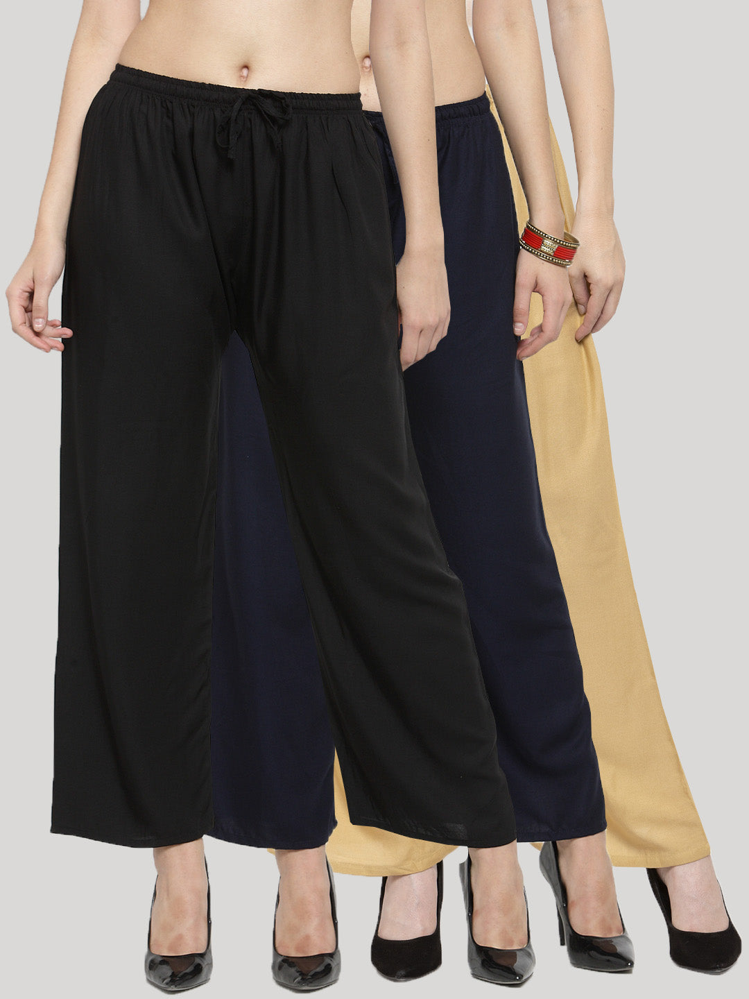 Solid black, navy blue, and fawn rayon palazzo pack with elasticated waistband.