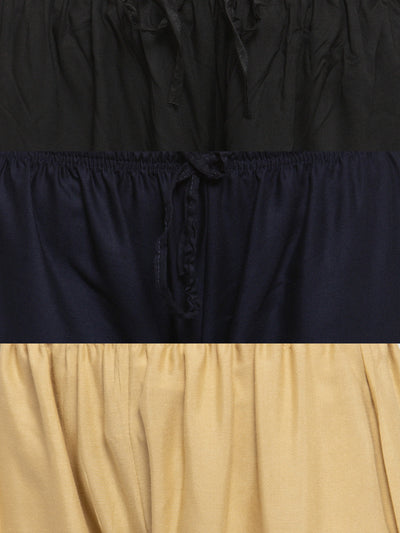 Solid black, navy blue, and fawn rayon palazzo pack of three with elastic waistband and drawstring.