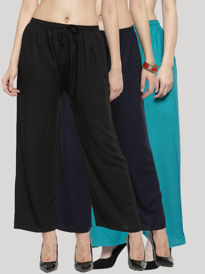 Solid black, navy blue, and fawn rayon palazzo pack of 3 with elasticated waistband and drawstring closure.