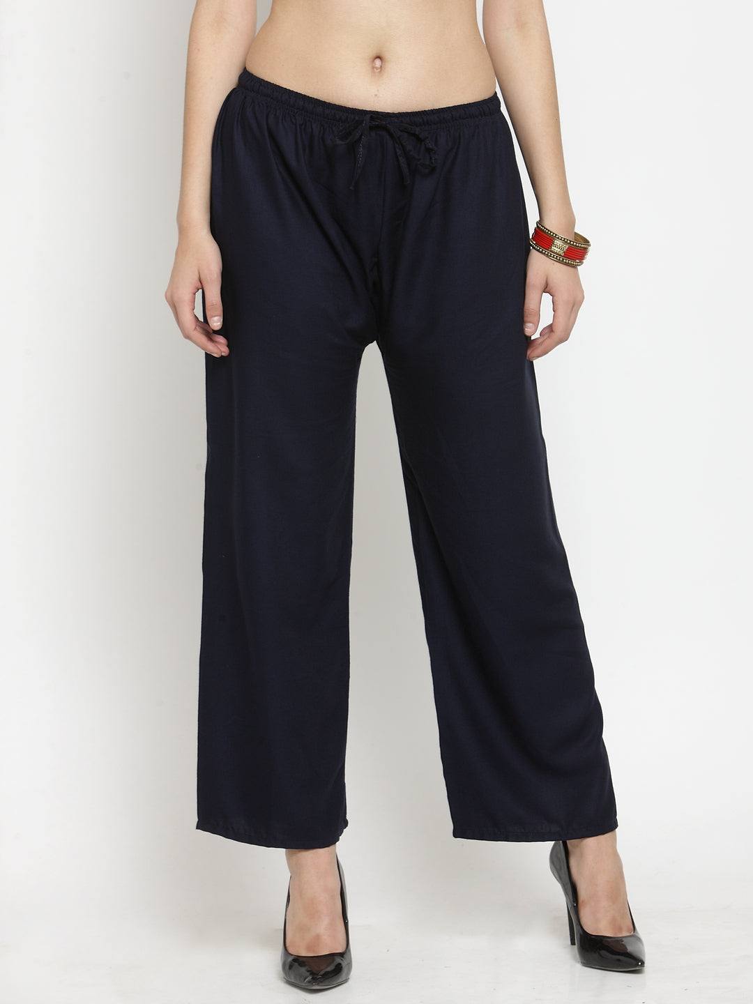 Solid black, navy blue, fawn rayon palazzo pack with elastic waistband and drawstring closure.